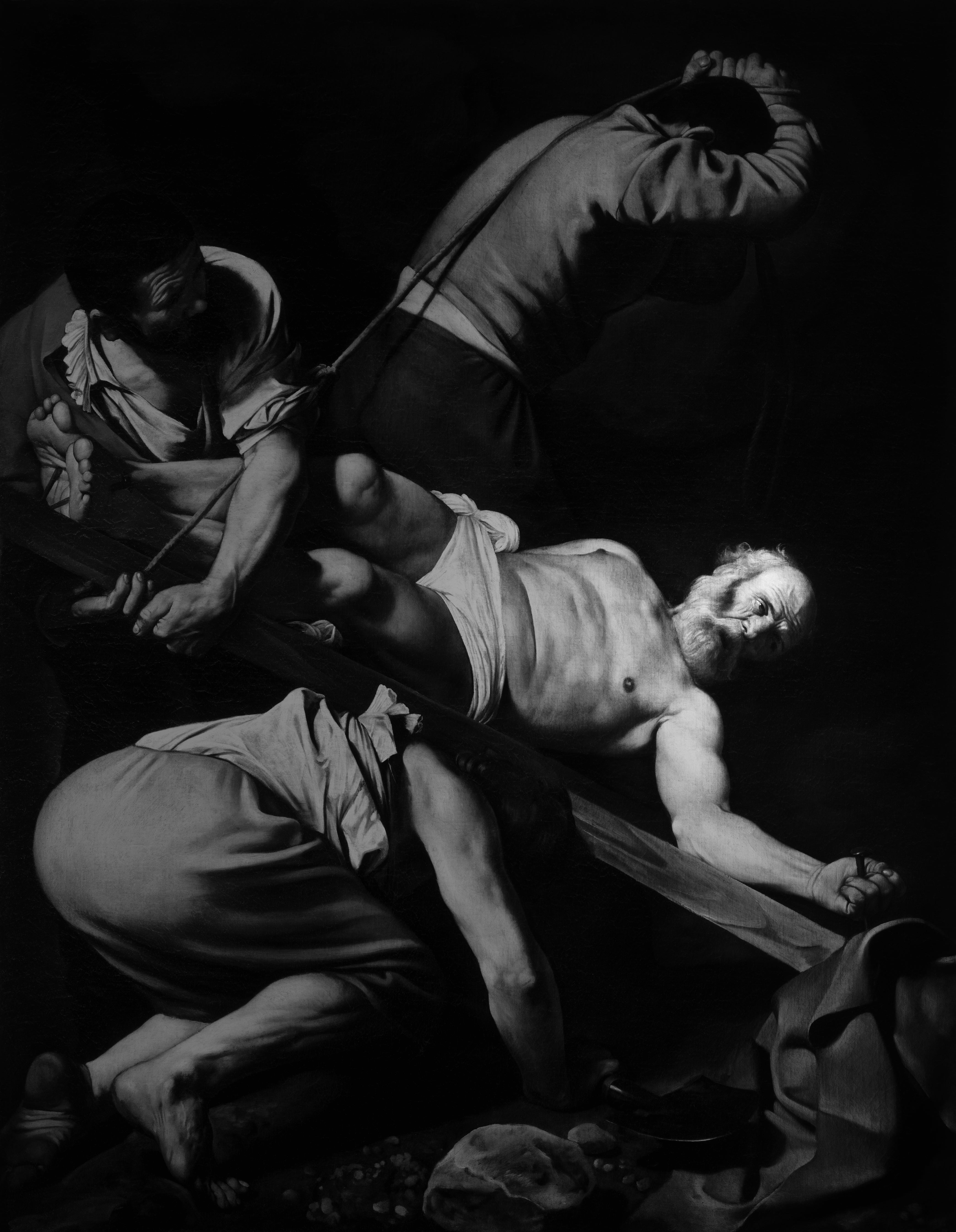 Black and White painting background Image: Crucifixion of Saint Peter by Caravaggio c.1600